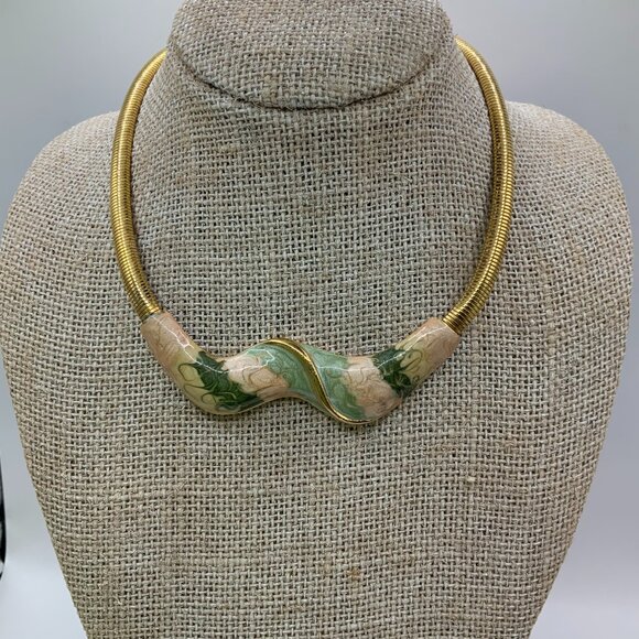 Metallic Pastel Swirl Enamel Gold Tone Snake Chain Choker Vintage Necklace - Picture 4 of 7